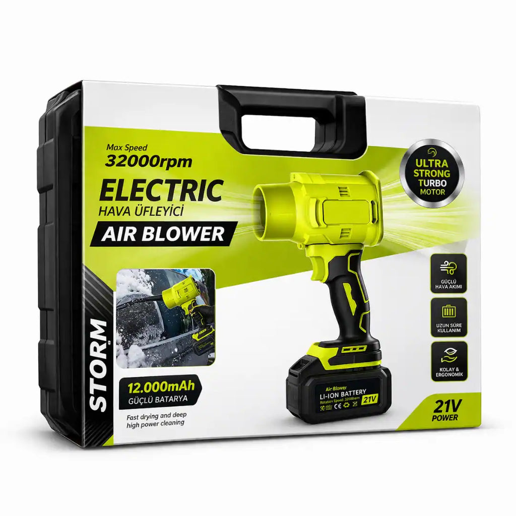 21V Kablosuz Hava Üfleyici | Turbo Fan, 12.000mAh Batarya, Bahçe & Araç Kurutma, Toz Temizleme
